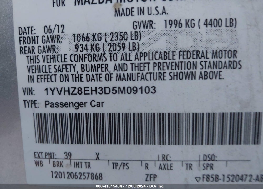 2013 MAZDA 6 TOURING PLUS VIN: 1YVHZ8EH3D5M09103