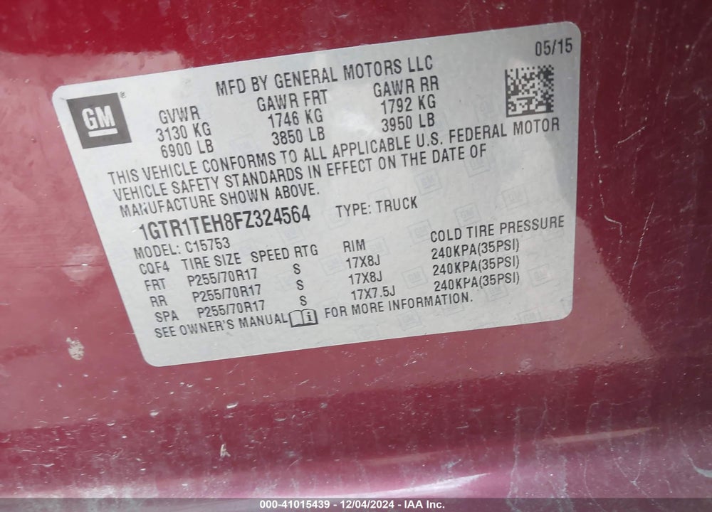 2015 GMC SIERRA 1500 VIN: 1GTR1TEH8FZ324564