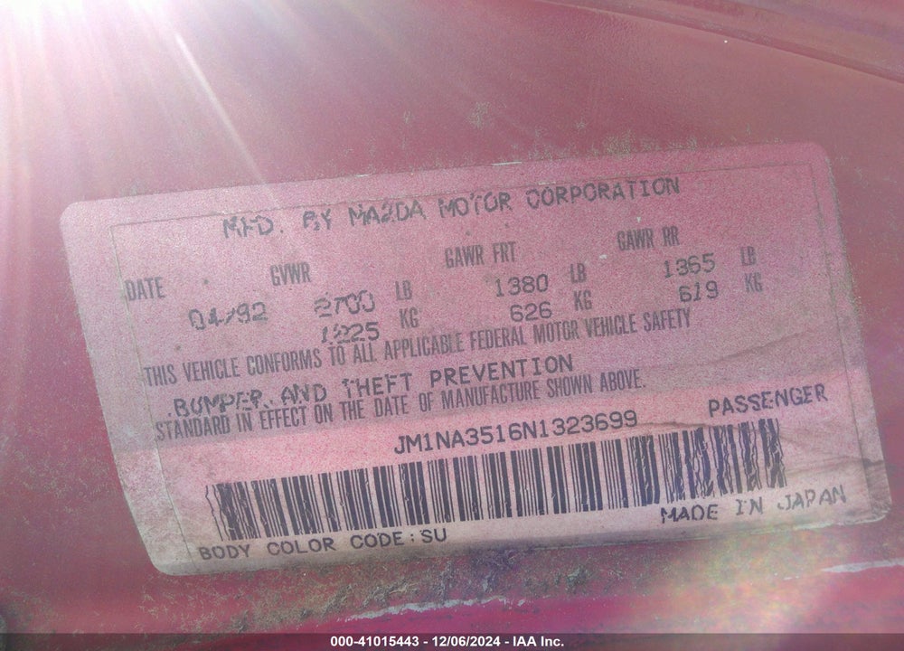 1992 MAZDA MX-5 MIATA VIN: JM1NA3516N1323699