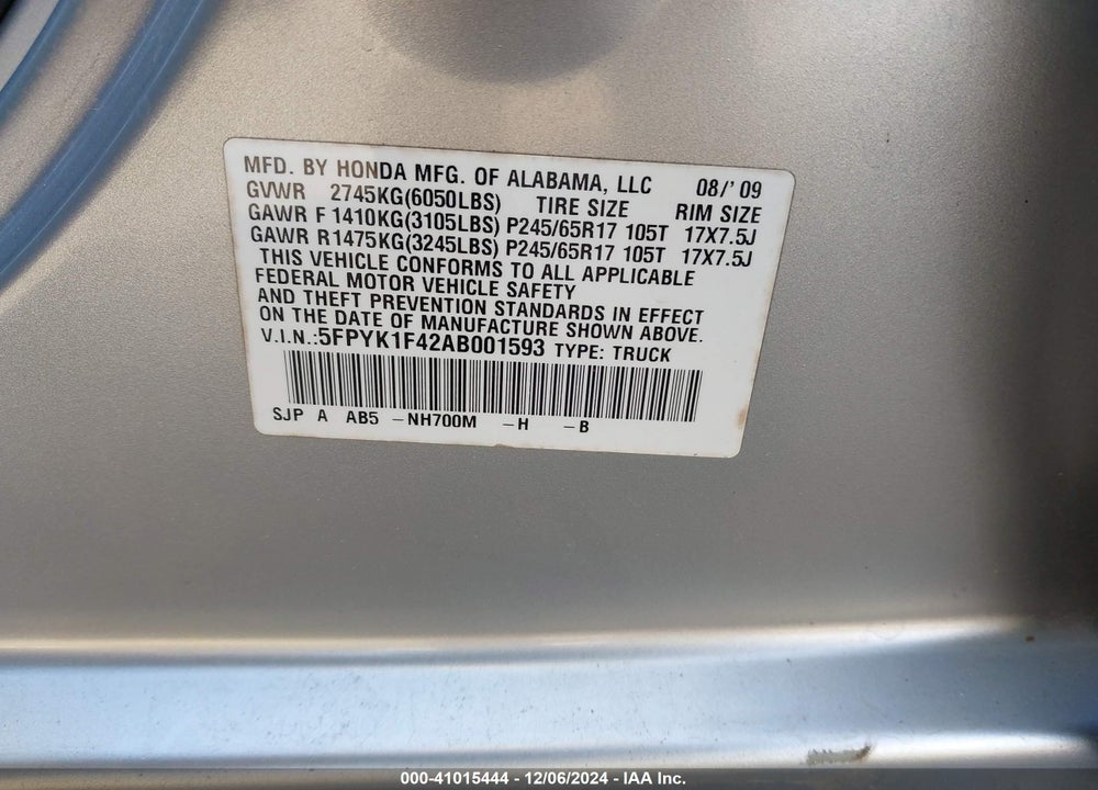 2010 HONDA RIDGELINE VIN: 5FPYK1F42AB001593