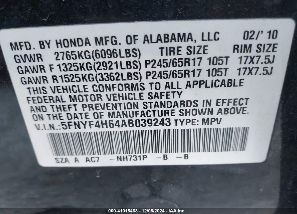 2010 HONDA PILOT EX-L VIN: 5FNYF4H64AB039243