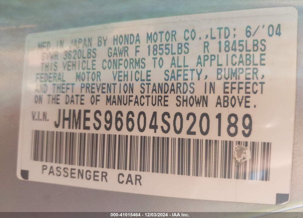 2004 HONDA CIVIC HYBRID VIN: JHMES96604S020189
