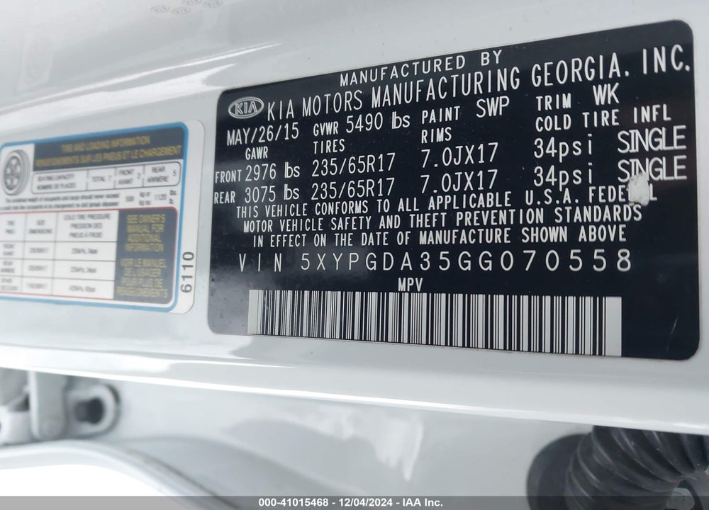 2016 KIA SORENTO 2.4L LX VIN: 5XYPGDA35GG070558