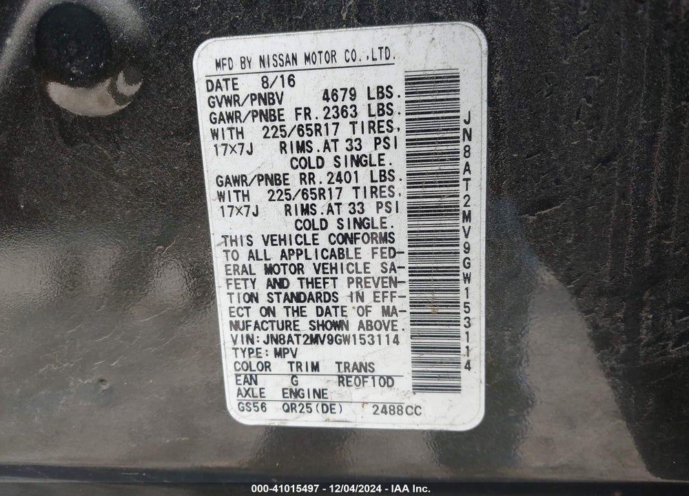 2016 NISSAN ROGUE S VIN: JN8AT2MV9GW153114