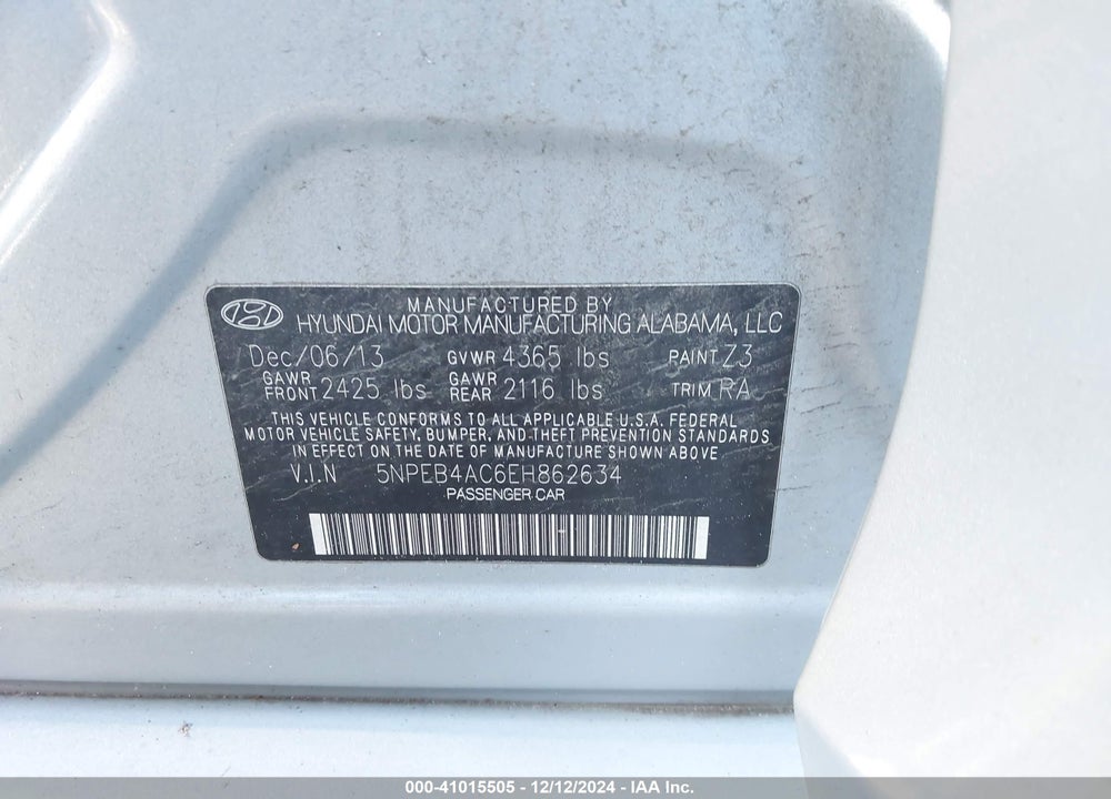 2014 HYUNDAI SONATA VIN: 5NPEB4AC6EH862634