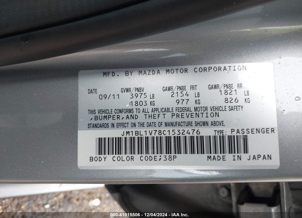 2012 MAZDA 3 I TOURING VIN: JM1BL1V78C1532476