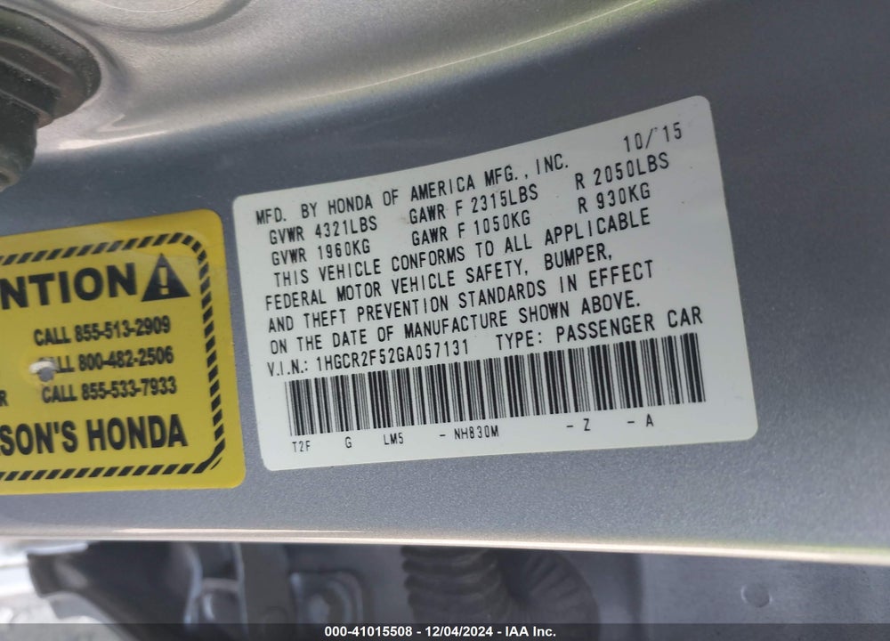 2016 HONDA ACCORD SPORT VIN: 1HGCR2F52GA057131
