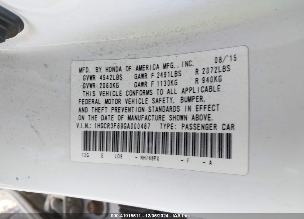 2016 HONDA ACCORD VIN: 1HGCR3F89GA000487