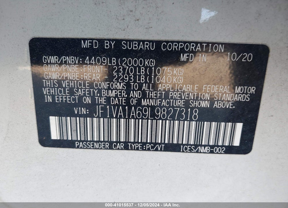 2020 SUBARU WRX VIN: JF1VA1A69L9827318