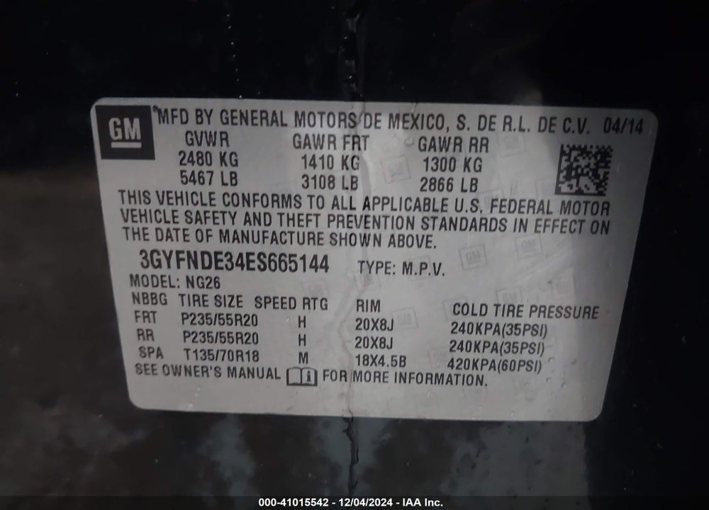 2014 CADILLAC SRX PREMIUM COLLECTION VIN: 3GYFNDE34ES665144