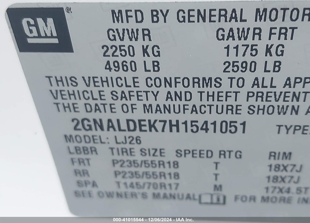 2017 CHEVROLET EQUINOX PREMIER VIN: 2GNALDEK7H1541051