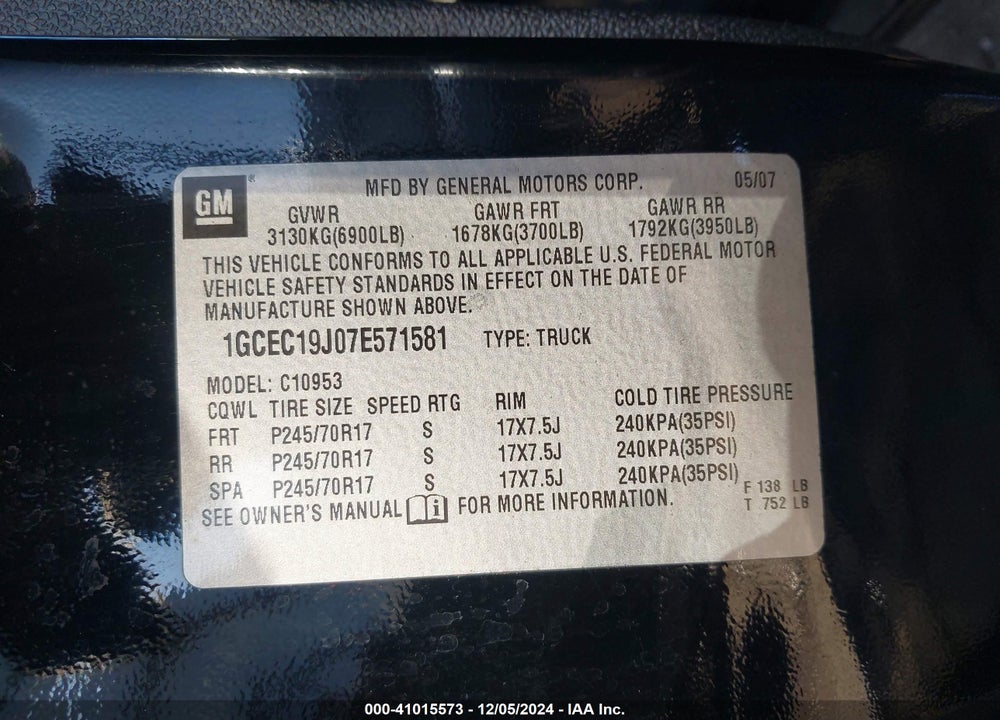 2007 CHEVROLET SILVERADO 1500 LTZ VIN: 1GCEC19J07E571581
