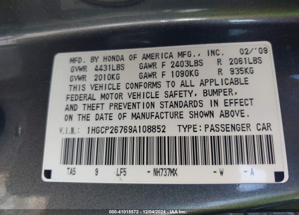 2009 HONDA ACCORD 2.4 EX VIN: 1HGCP26769A108852