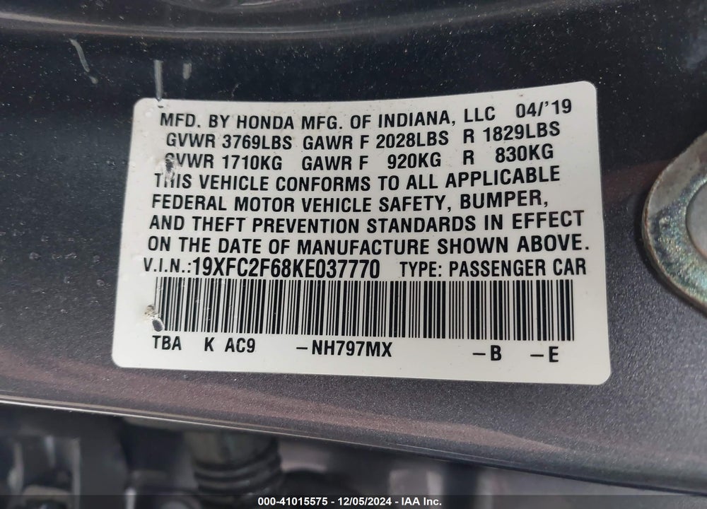 2019 HONDA CIVIC VIN: 19XFC2F68KE037770