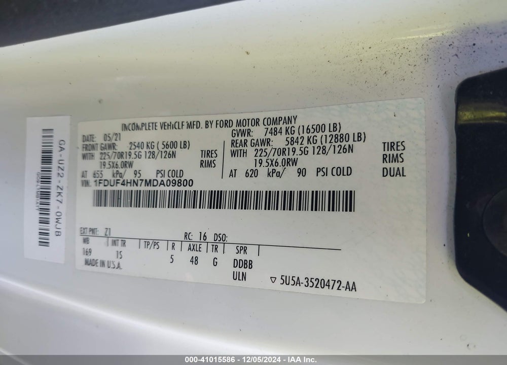 2021 FORD F-450 CHASSIS XL VIN: 1FDUF4HN7MDA09800