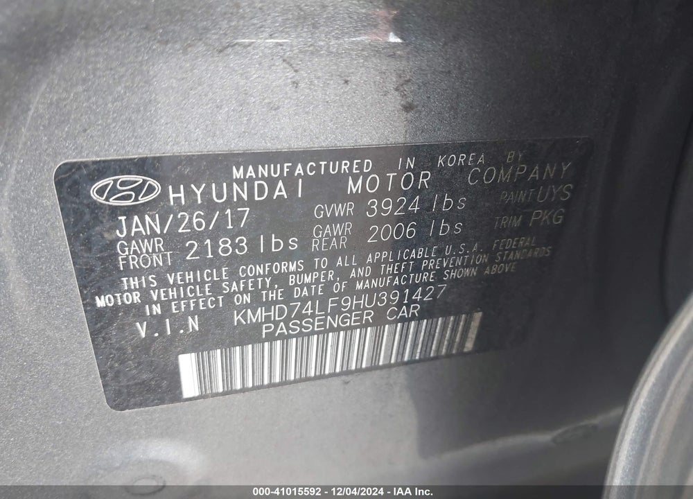 2017 HYUNDAI ELANTRA VIN: KMHD74LF9HU391427