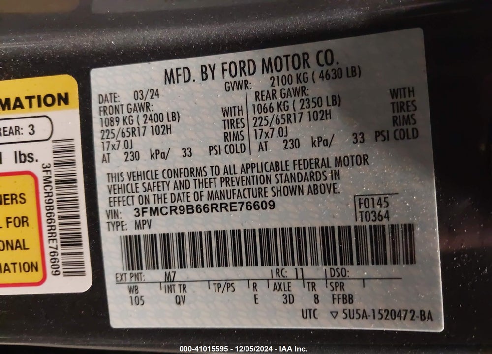 2024 FORD BRONCO SPORT BIG BEND VIN: 3FMCR9B66RRE76609