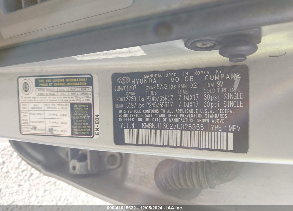 2007 HYUNDAI VERACRUZ GLS/LIMITED/SE VIN: KM8NU13C27U026555
