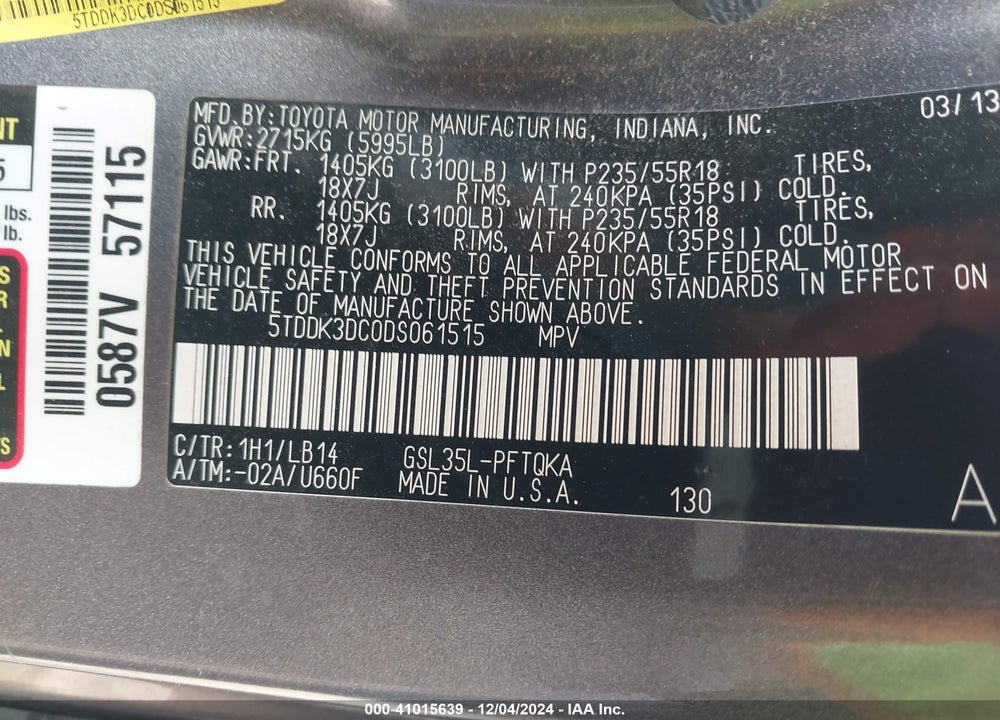 2013 TOYOTA SIENNA XLE LIMITED VIN: 5TDDK3DC0DS061515
