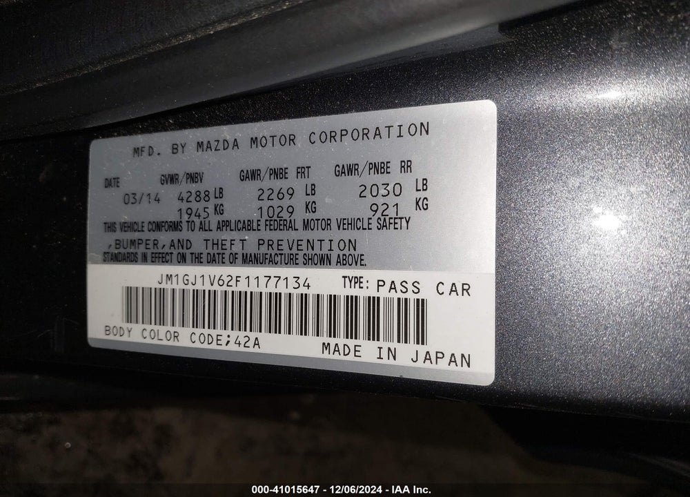 2015 MAZDA 6 I TOURING VIN: JM1GJ1V62F1177134