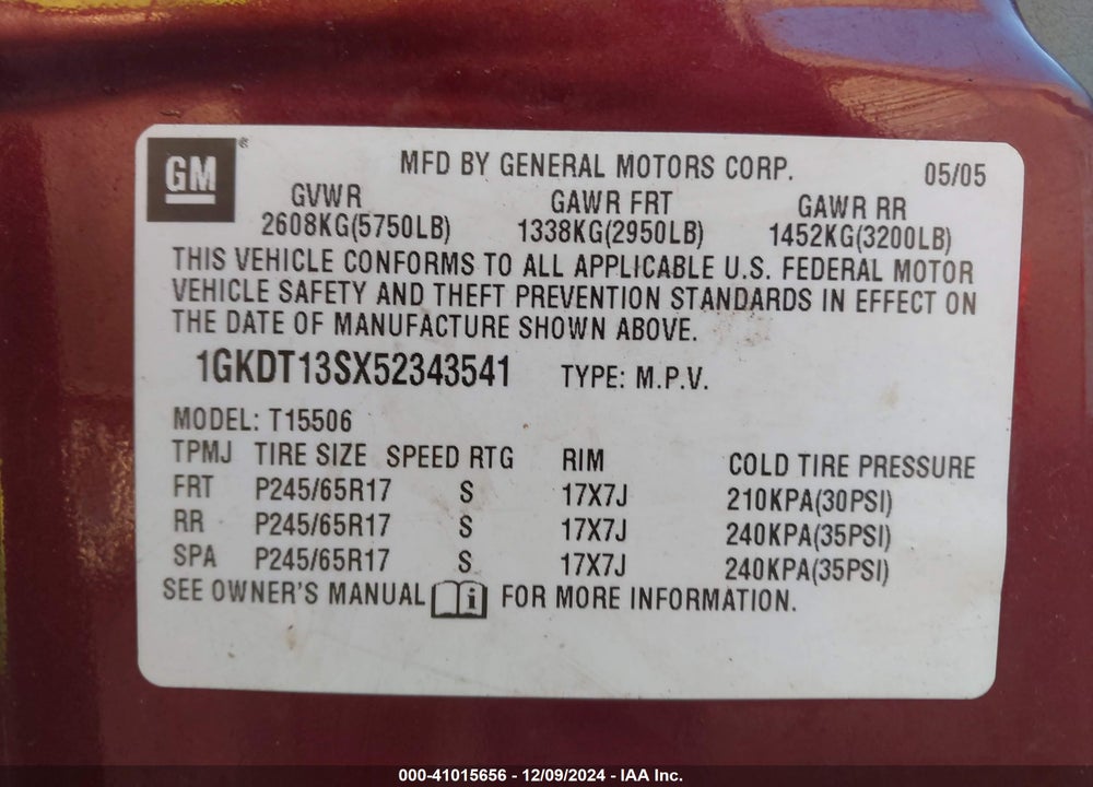 2005 GMC ENVOY SLE VIN: 1GKDT13SX52343541