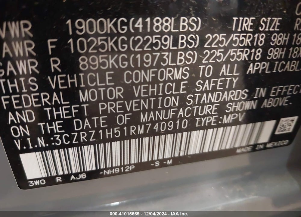 2024 HONDA HR-V 2WD SPORT/2WD SPORT W/O BSI VIN: 3CZRZ1H51RM740910