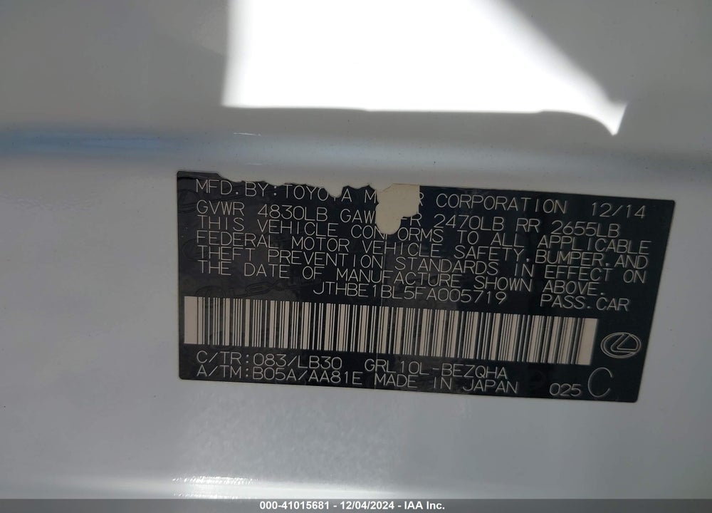 2015 LEXUS GS VIN: JTHBE1BL5FA005719