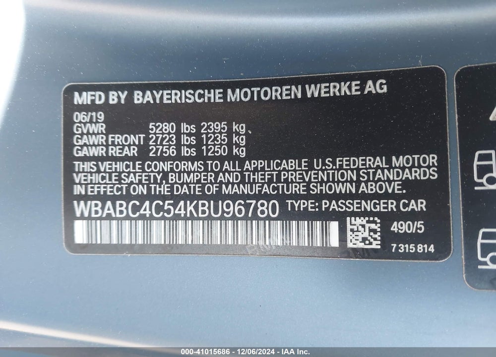 2019 BMW M850XI VIN: WBABC4C54KBU96780