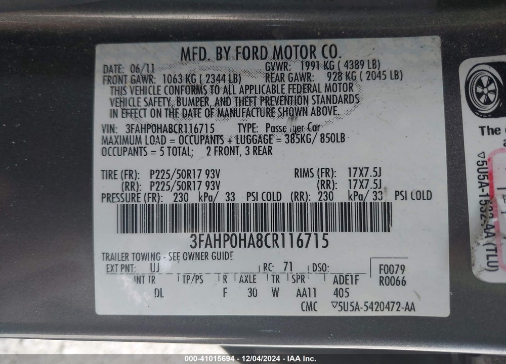 2012 FORD FUSION SE VIN: 3FAHP0HA8CR116715