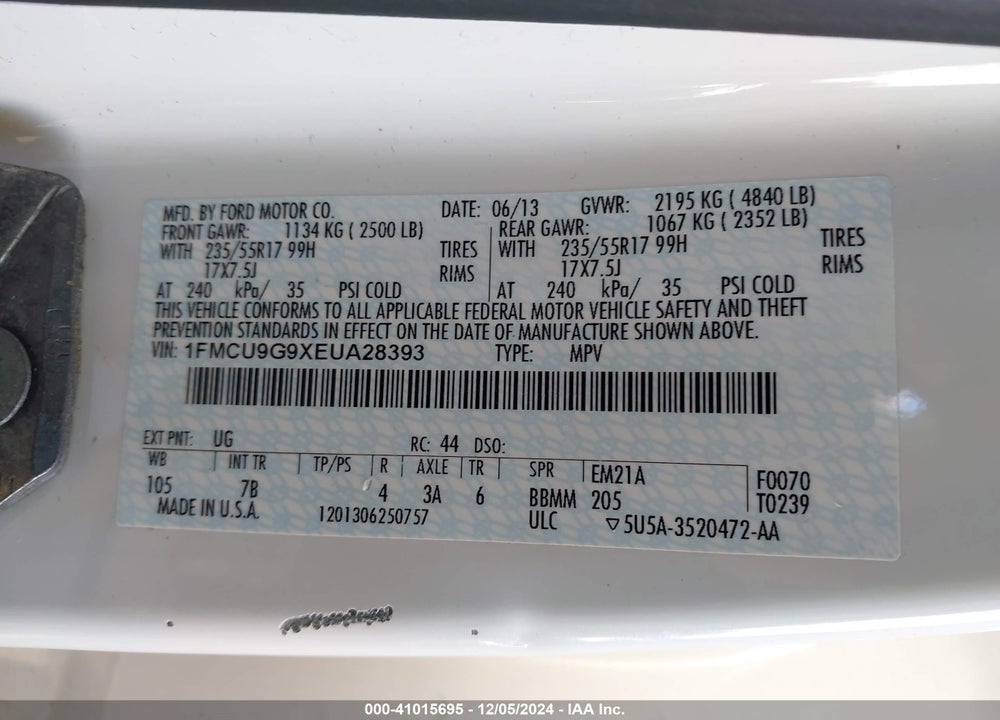 2014 FORD ESCAPE SE VIN: 1FMCU9G9XEUA28393