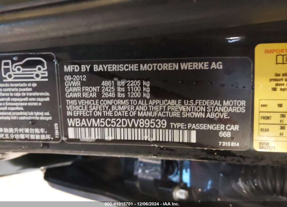 2013 BMW X1 XDRIVE35I VIN: WBAVM5C52DVV89539