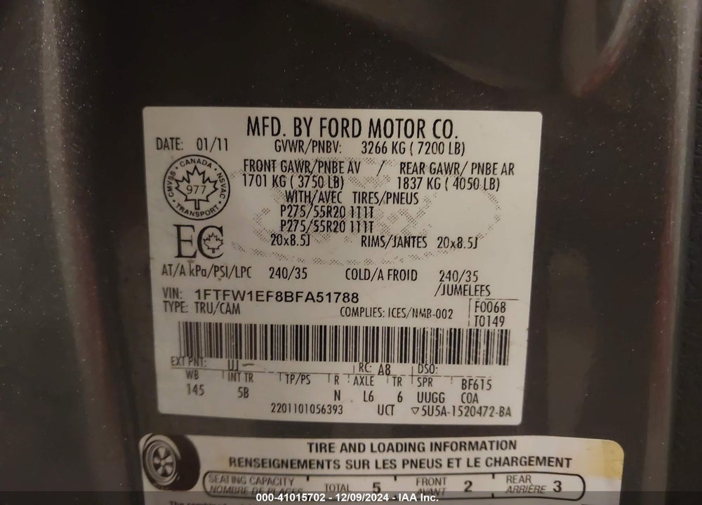 2011 FORD F-150 VIN: 1FTFW1EF8BFA51788