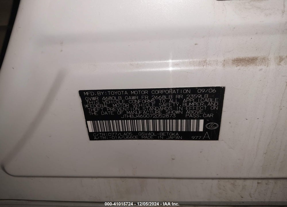 2007 LEXUS ES VIN: JTHBJ46G072052873