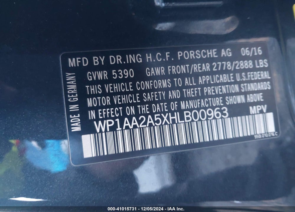 2017 PORSCHE MACAN VIN: WP1AA2A5XHLB00963