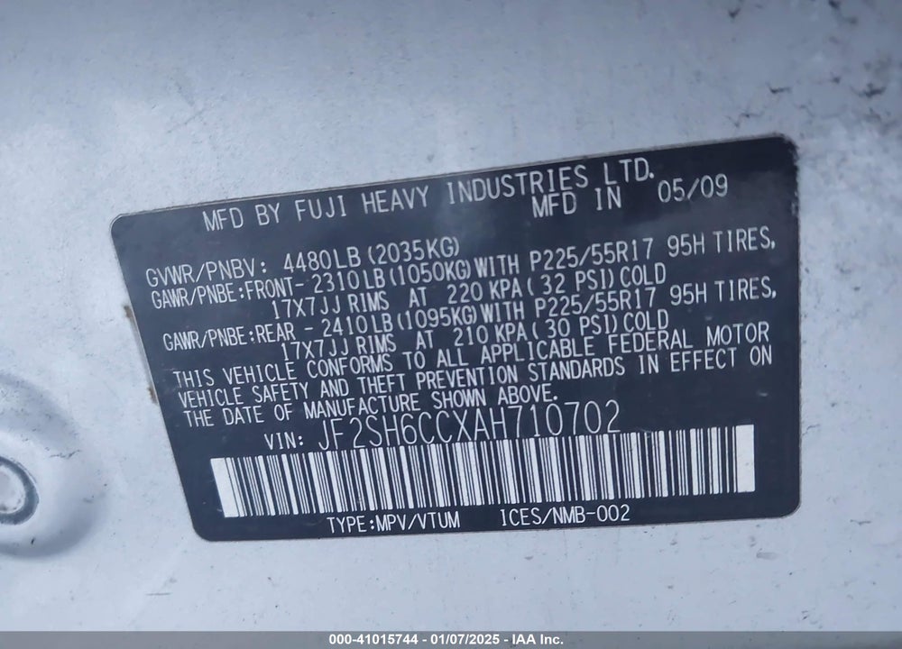 2010 SUBARU FORESTER 2.5X PREMIUM VIN: JF2SH6CCXAH710702