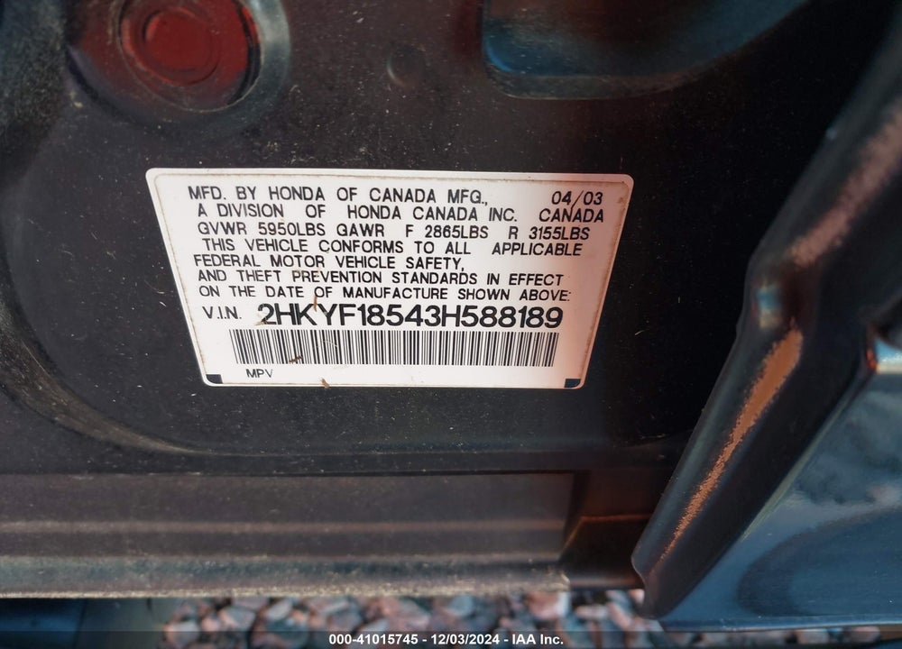 2003 HONDA PILOT EX-L VIN: 2HKYF18543H588189