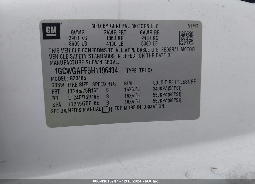 2017 CHEVROLET EXPRESS 2500 WORK VAN VIN: 1GCWGAFF5H1196434