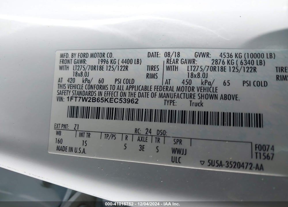 2019 FORD F-250 XL VIN: 1FT7W2B65KEC53962