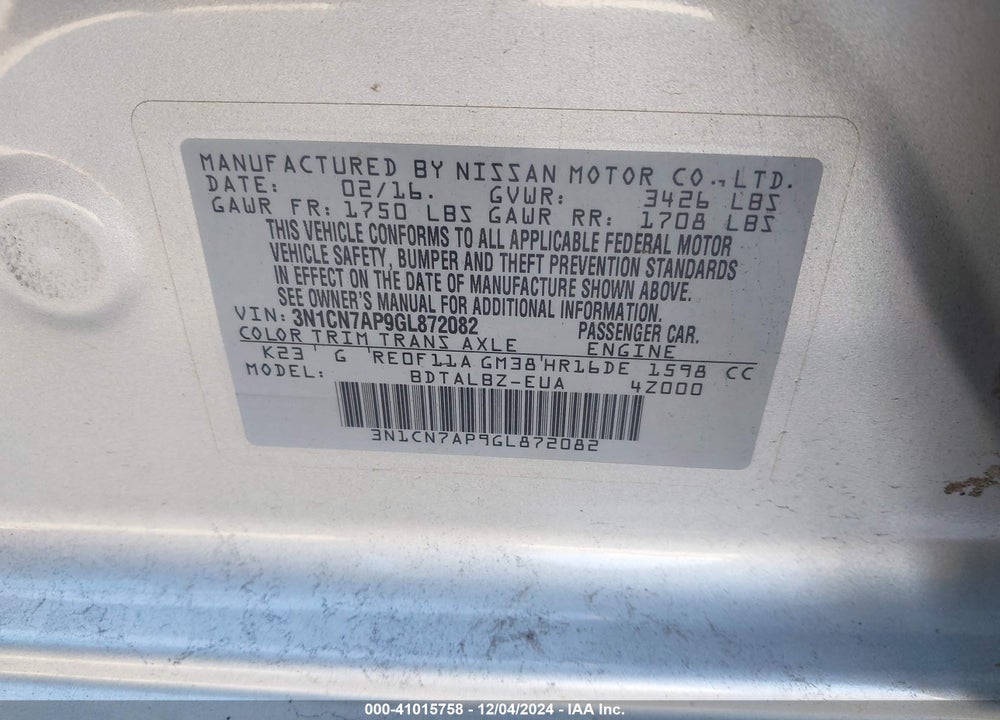 2016 NISSAN VERSA 1.6 S/1.6 S+/1.6 SL/1.6 SV VIN: 3N1CN7AP9GL872082