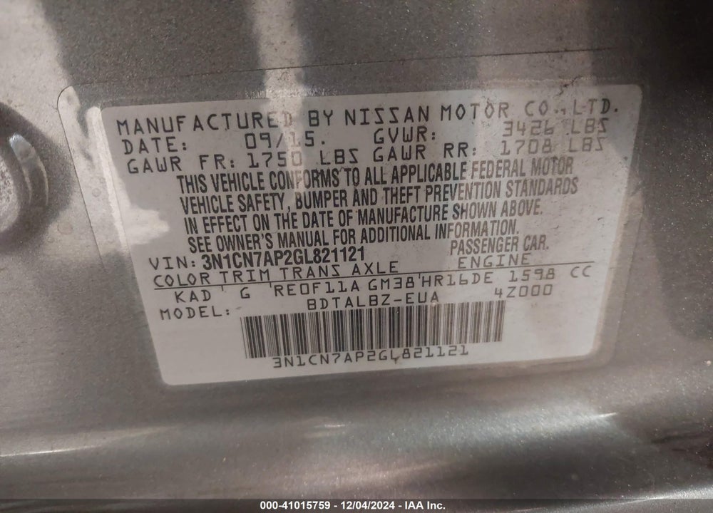 2016 NISSAN VERSA 1.6 SV VIN: 3N1CN7AP2GL821121