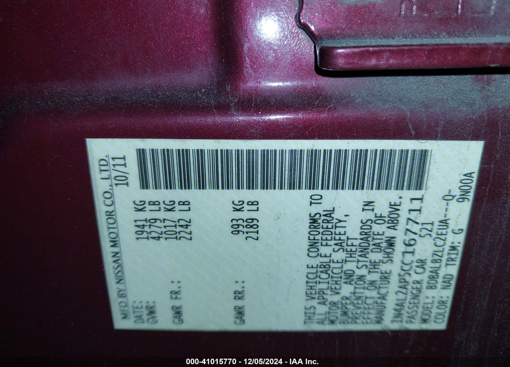 2012 NISSAN ALTIMA 2.5 S VIN: 1N4AL2AP5CC167711