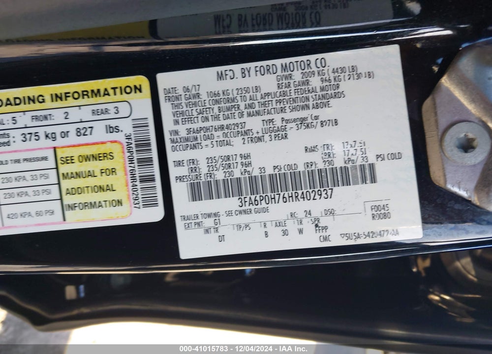 2017 FORD FUSION SE VIN: 3FA6P0H76HR402937