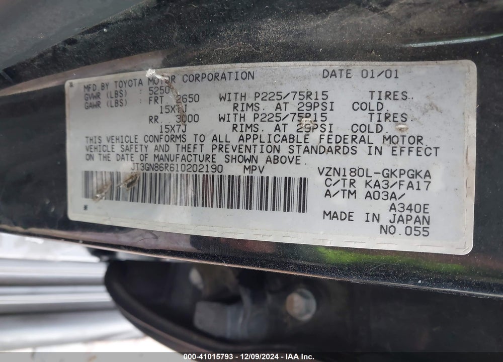2001 TOYOTA 4RUNNER SR5 V6 VIN: JT3GN86R610202190