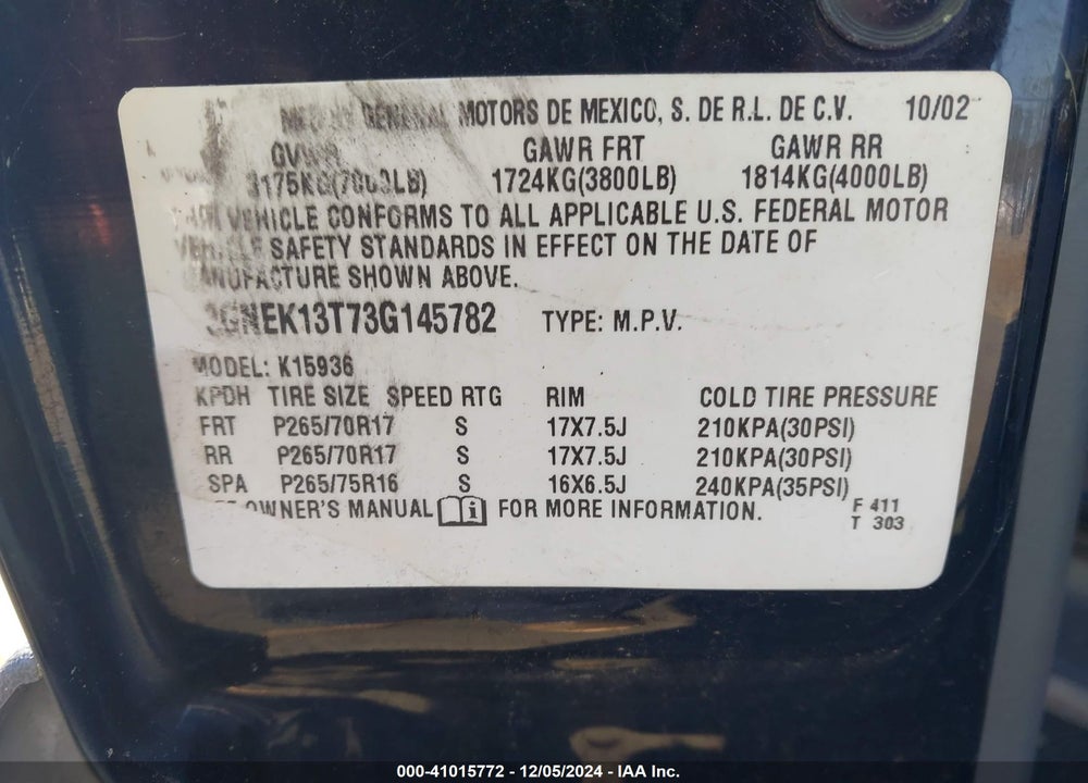 2003 CHEVROLET AVALANCHE 1500 VIN: 3GNEK13T73G145782