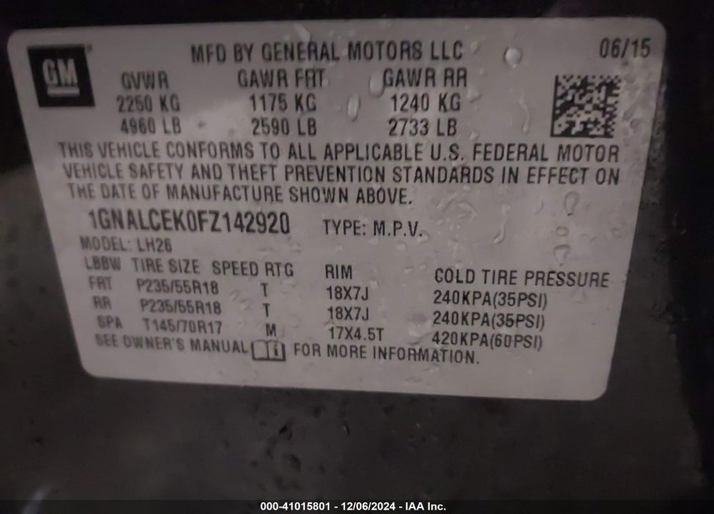 2015 CHEVROLET EQUINOX 2LT VIN: 1GNALCEK0FZ142920