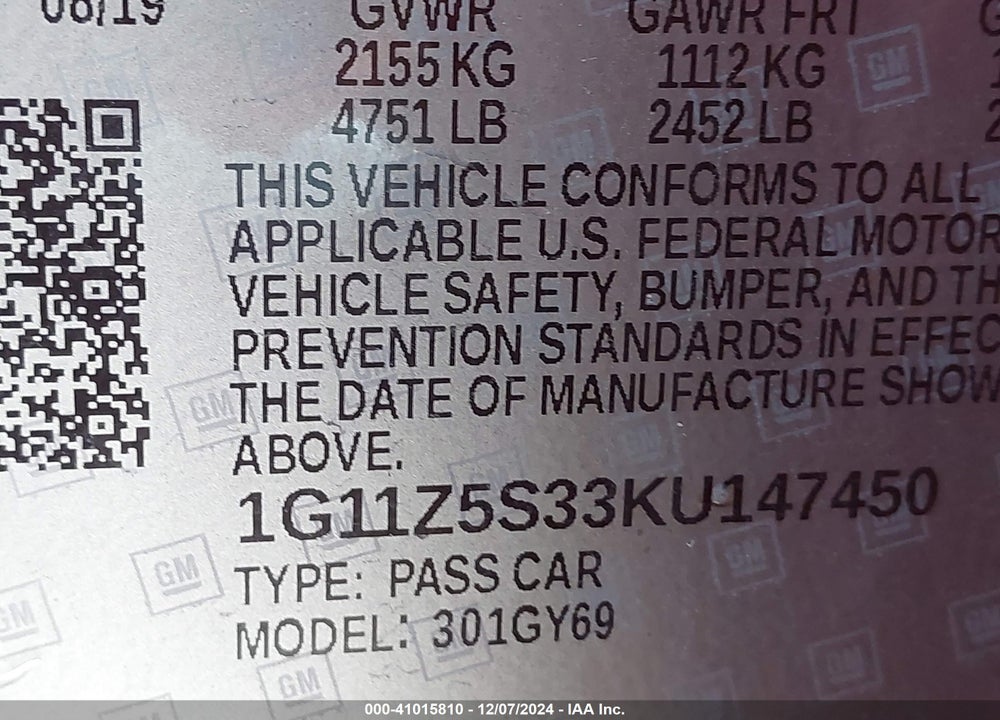 2019 CHEVROLET IMPALA LT VIN: 1G11Z5S33KU147450