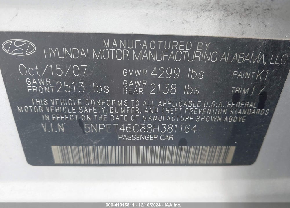 2008 HYUNDAI SONATA GLS VIN: 5NPET46C88H381164