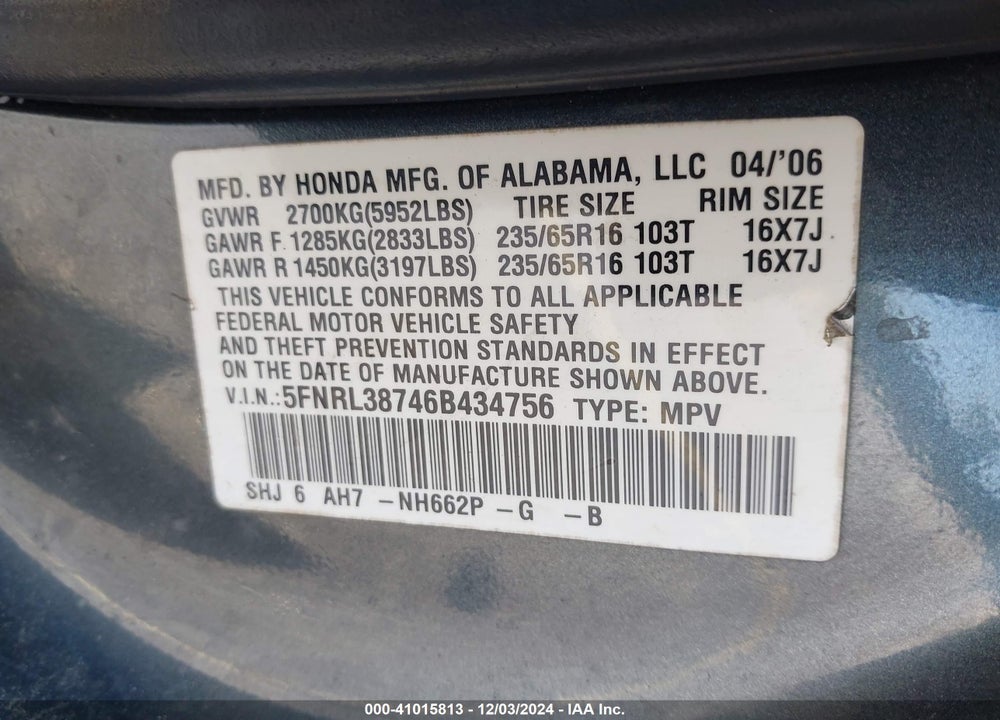 2006 HONDA ODYSSEY EX-L VIN: 5FNRL38746B434756