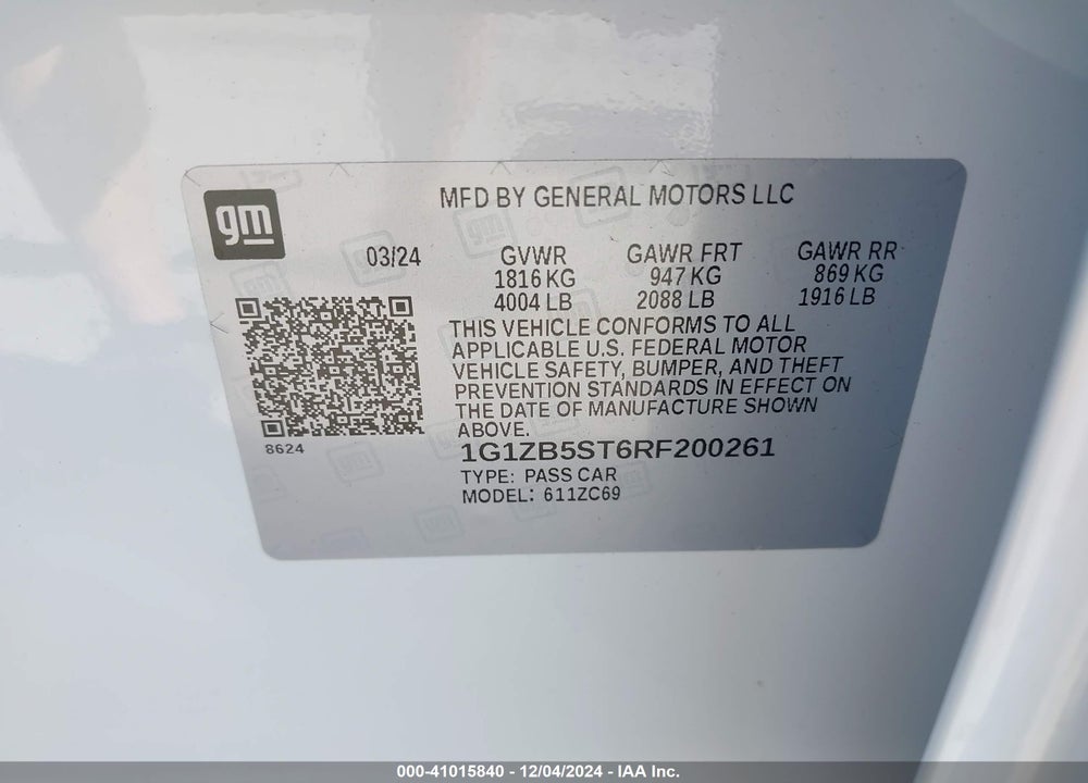2024 CHEVROLET MALIBU FWD LS VIN: 1G1ZB5ST6RF200261