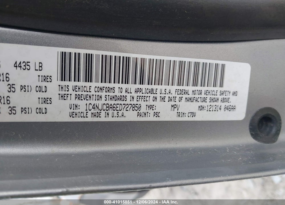 2014 JEEP COMPASS SPORT VIN: 1C4NJCBA6ED727850